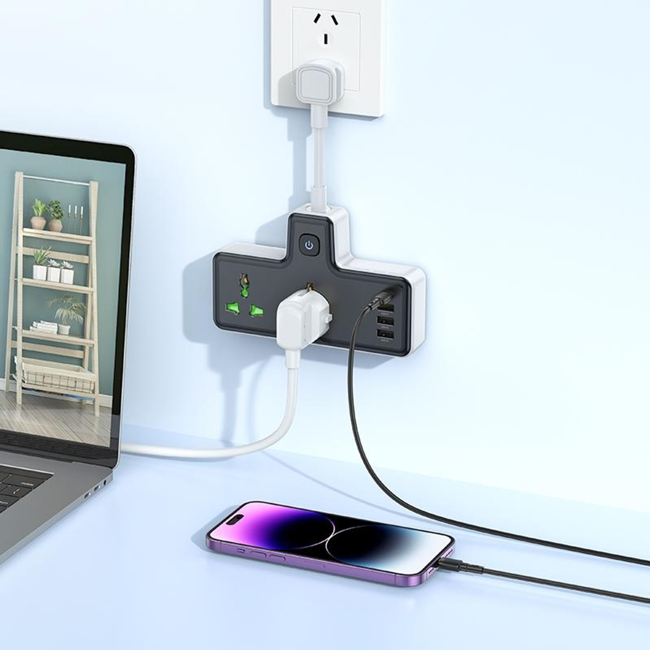 Picture of hoco AC11A Voyage 2-position Expansion Socket with USB-C+3USB Ports, Cable Length: 8.5cm, US Plug(Black)