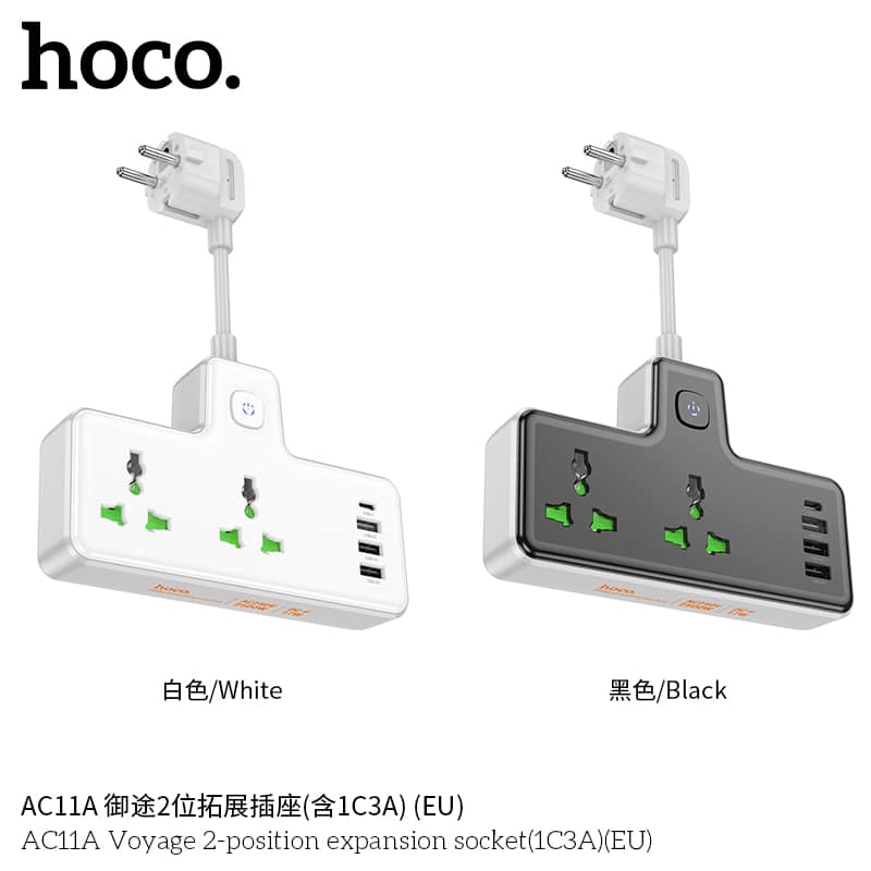 Picture of hoco AC11A Voyage 2-position Expansion Socket with USB-C+3USB Ports, Cable Length: 8.5cm, US Plug(Black)