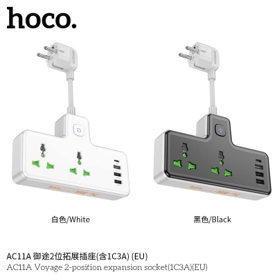 Picture of hoco AC11A Voyage 2-position Expansion Socket with USB-C+3USB Ports, Cable Length: 8.5cm, US Plug(Black)