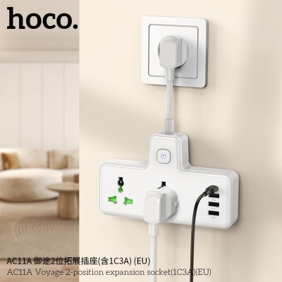 Picture of hoco AC11A Voyage 2-position Expansion Socket with USB-C+3USB Ports, Cable Length: 8.5cm, US Plug(Black)