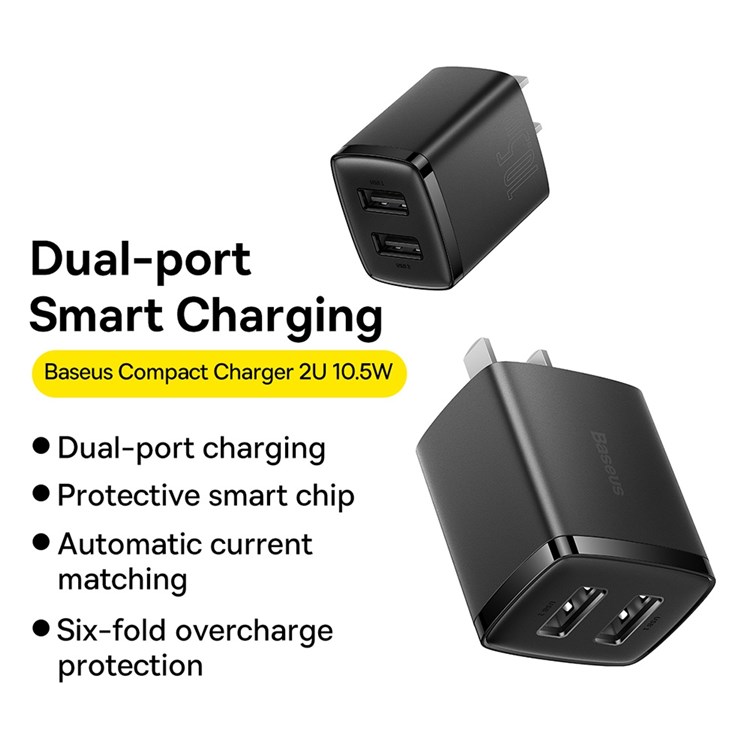 Picture of BASEUS Compact Charger 2U 10.5W Dual USB 2 Ports Mini Adapter Flash Charging 5V/2.1A Wall Charger - Black