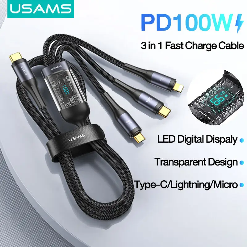 Picture of USAMS US-SJ600 U83 1.2m USB-C to Lightning / Type-C / Micro 3-in-1 Transparent Digital Display PD 100W Fast Charging Data Cable