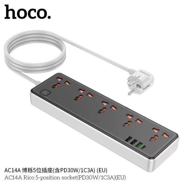 Picture of Hoco AC14A PD 30W Rico 5-Position Power Strip 3 USB 1 USB C Multifunctional Fireproof Safety Socket Multiplug Leads & Adapters - Black