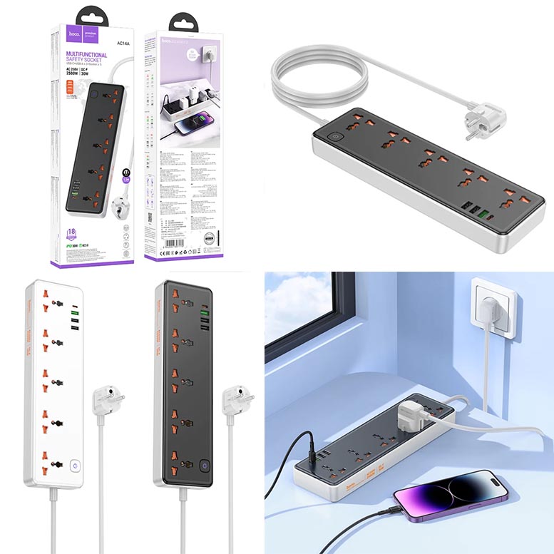 Picture of Hoco AC14A PD 30W Rico 5-Position Power Strip 3 USB 1 USB C Multifunctional Fireproof Safety Socket Multiplug Leads & Adapters - Black