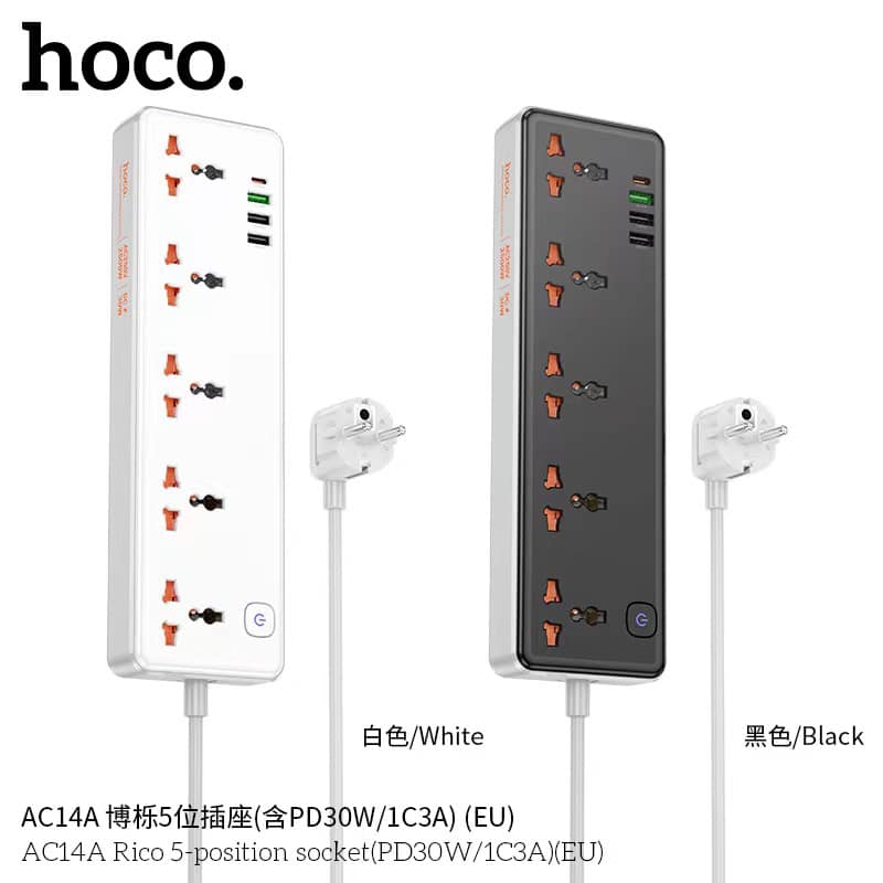 Picture of Hoco AC14A PD 30W Rico 5-Position Power Strip 3 USB 1 USB C Multifunctional Fireproof Safety Socket Multiplug Leads & Adapters - Black