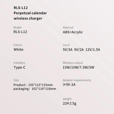 Picture of Recci RLS-L12 Perpetual Calendar Wireless Charger With Lamp - White