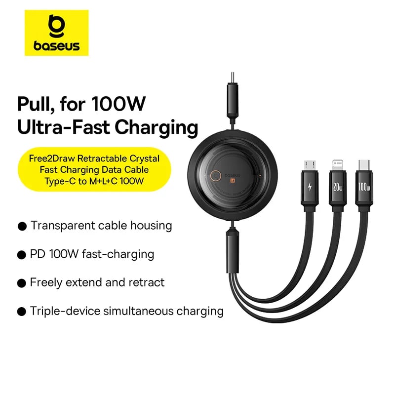 Picture of Baseus 100W Free2Draw Retractable Crystal Fast Charging Data Cable USB to M+L+C