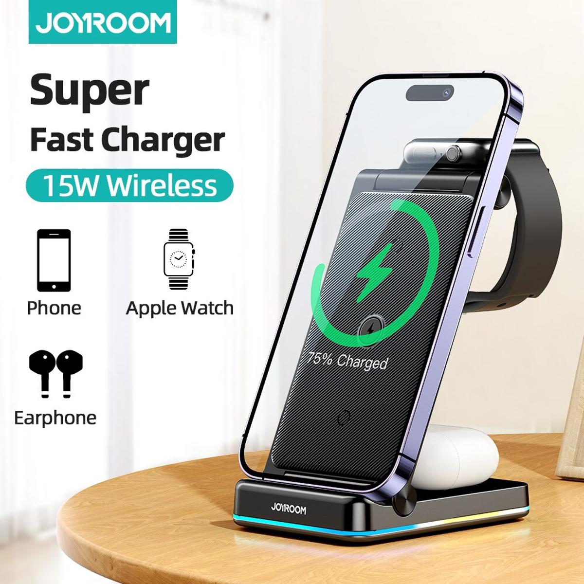 Picture of JOYROOM 15W 3 in 1 Foldable Wireless Charging Station - Black