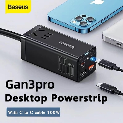 Picture of Baseus 65W GaN3 Pro Desktop Charger Power Strip US Plug Charging Station Fast Charger - black