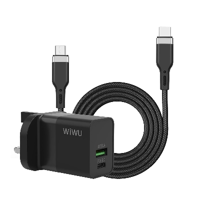 Picture of WiWU 30W PD Fast Wall Charger for Dual Ports USB A Type C with Type-c to Type-c Cable UK Plug Mobile Phone Charging
