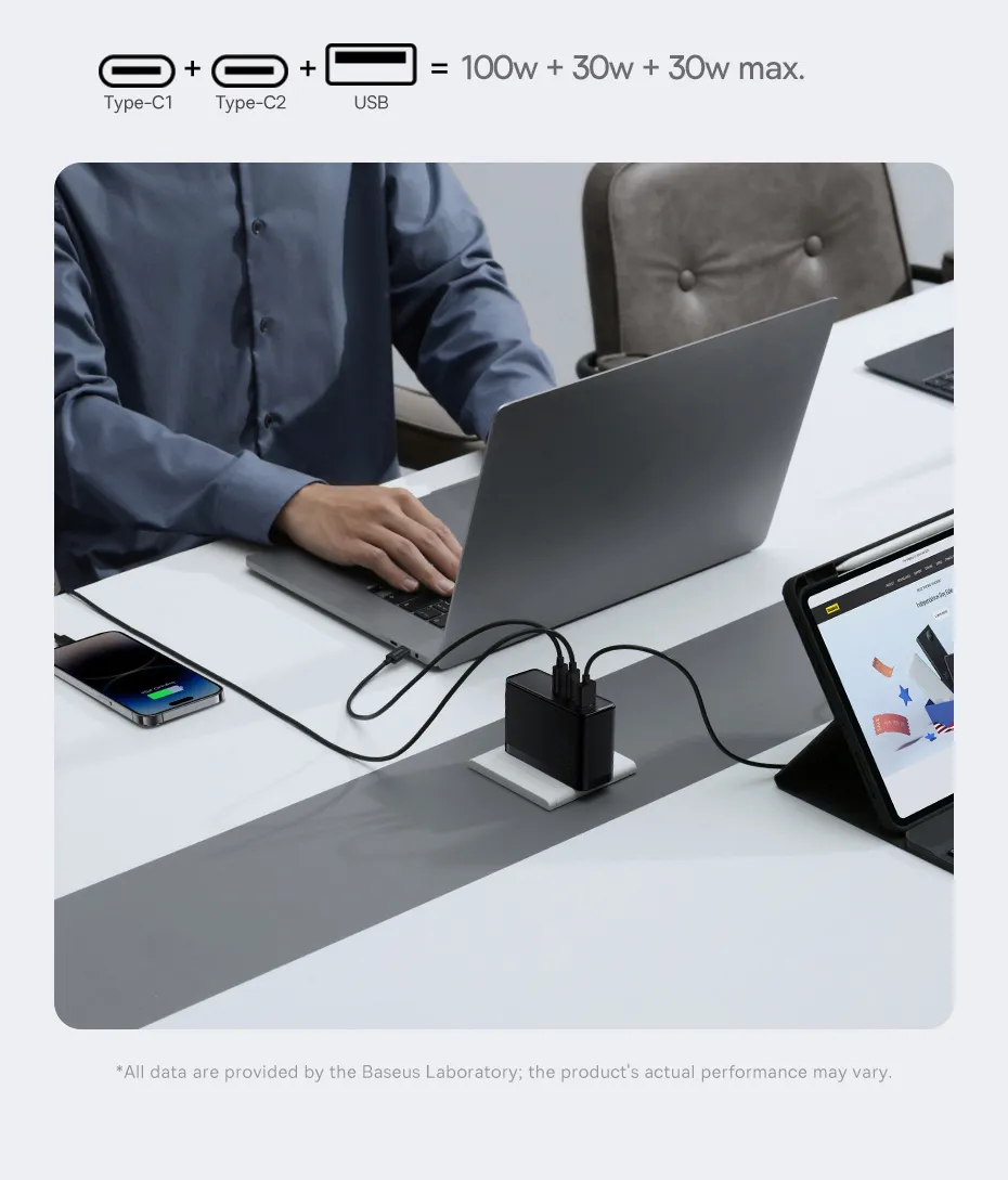 Picture of Baseus 160W GaN Charger GaN5 Pro Digital 2C+U CN Black Type-C to Type-C 240W48V 5A 1m Black