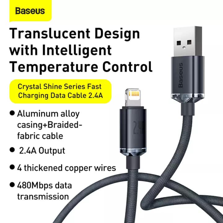 Picture of BASEUS Crystal Shine Series 2.4A Fast Charging USB to iP Data Cable 1.2m  Black
