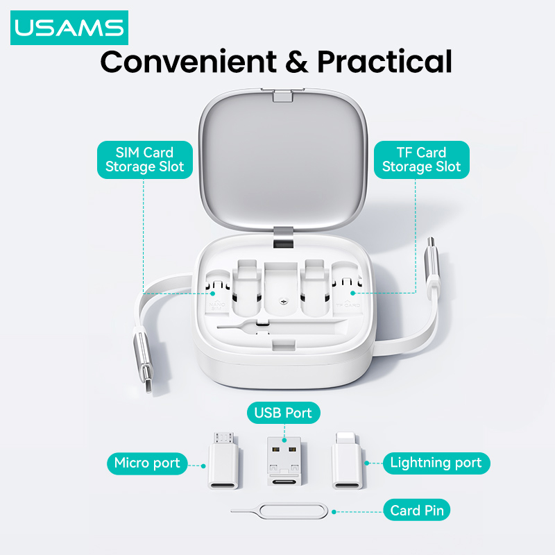 Picture of USAMS USB C Cable 60W Fast Charging Cable with Multiple Connectors Storage for iiPhone 15 Plus Pro Max iPad Xiaomi Samsung