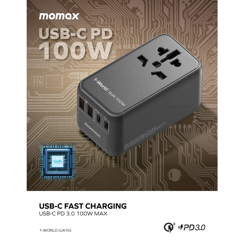 Picture of Momax 1-World UA10 100W GaN 4 ports + AC Travel Adapter