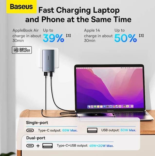 Picture of Baseus 65W GaN5 Charger Quick Charge 4.0 3.0 Type C PD USB Charger Portable Travel Charger Fast Charging For iP 14 13