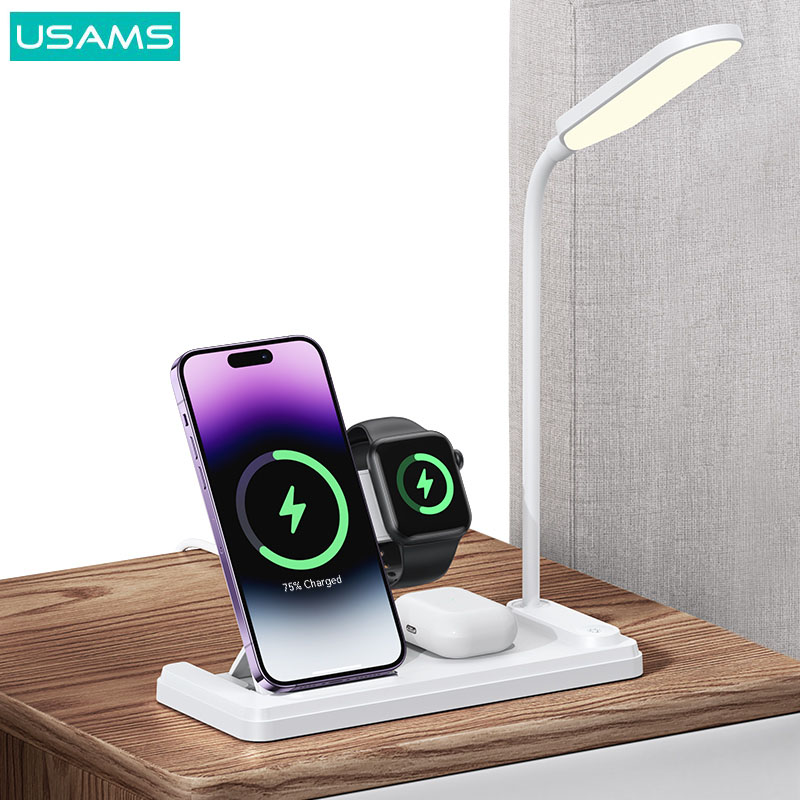 Picture of Usams US-CD195 15W 4in1 Wireless Charging Holder with Table Lamp - White