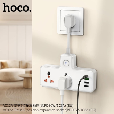 Picture of Hoco Ac12A Reise 2-Position Expansion Socket(Pd30W/1C3A)(Eu) Black