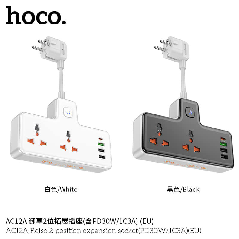 Picture of Hoco Ac12A Reise 2-Position Expansion Socket(Pd30W/1C3A)(Eu) Black