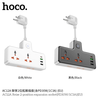 Picture of Hoco Ac12A Reise 2-Position Expansion Socket(Pd30W/1C3A)(Eu) Black