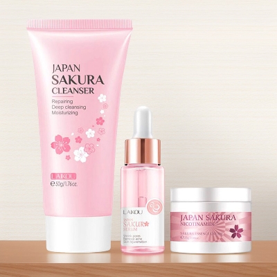 Picture of Laikou skin care product Sakura Skincare Set Cleanser 50G/Sakura Serum 17ml/Face Cream 25G