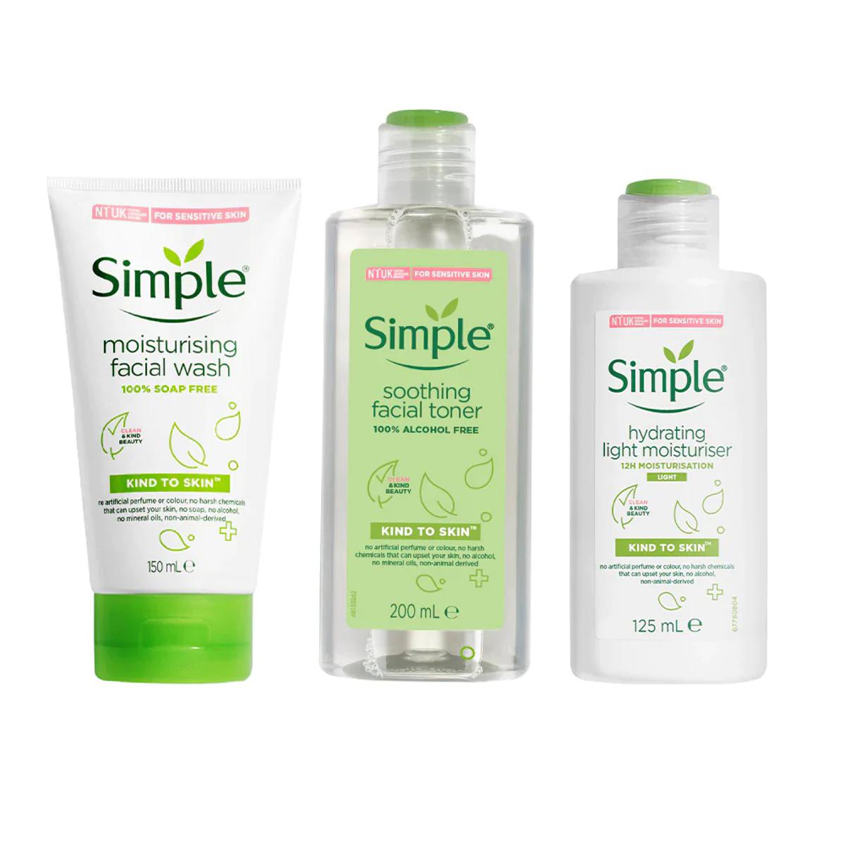 Picture of Simple Kind to Skin Moisturising Facial Wash, Soothing Facial Toner & Hydrating Light Moisturiser Combo - (150ml +200ml +125ml)