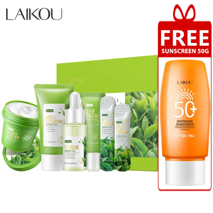 Picture of Fenyi Skincare Green Tea Set - 6Pcs + LAIKOU SUNSCREEN SPF50+PA+ - 50Gm