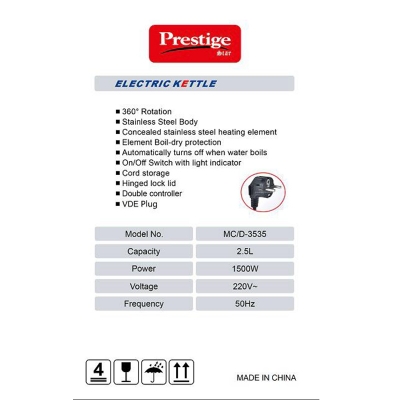 Picture of Prestige Electric Kettle with 2.5L Capacity - Model MC/3535 for Quick and Hassle-Free Boiling - Efficient and Convenient