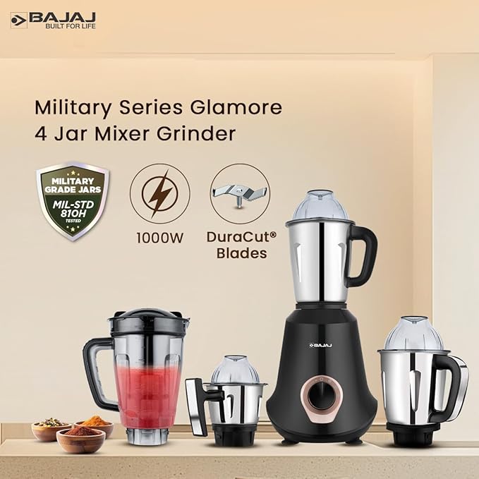 Picture of Bajaj Military Series Glamore 1000 W Mixer Grinder With 4 Jars (3 Stainless Steel Jars + 1 Fruit Filter Jar) | DuraCut Blades