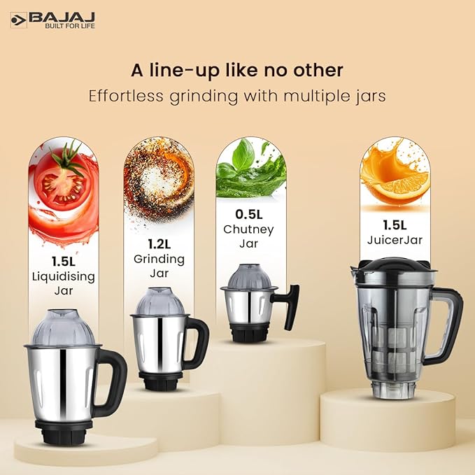 Picture of Bajaj Military Series Glamore 1000 W Mixer Grinder With 4 Jars (3 Stainless Steel Jars + 1 Fruit Filter Jar) | DuraCut Blades