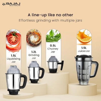 Picture of Bajaj Military Series Glamore 1000 W Mixer Grinder With 4 Jars (3 Stainless Steel Jars + 1 Fruit Filter Jar) | DuraCut Blades
