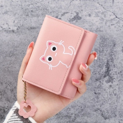 Picture of Women Wallet Cartoon Cat Printed Snap Button Card Holder Faux Leather Tri-fold Ladies Credit Card Money Bag Purse Daily Life