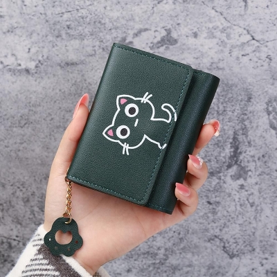 Picture of Women Wallet Cartoon Cat Printed Snap Button Card Holder Faux Leather Tri-fold Ladies Credit Card Money Bag Purse Daily Life