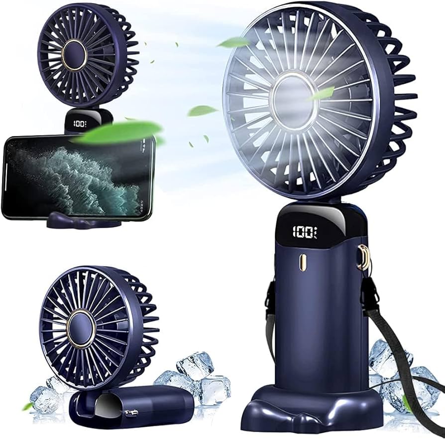 Picture of Rechargeable Portable Mini Fan-Blue, 4000mAh Battery, 5 Speed ​​Small Pocket Fan with Base, Foldable Desk Fan, Suitable for Office, Outdoors