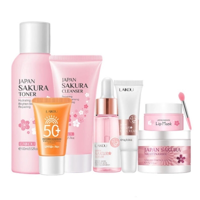 Picture of LAIKOU Japan Sakura Toner/ Sunscreen SPF50 / Cleanser/Serum/Eye Cream/ Essence Cream /Lip Mask Combo set -7 pcs