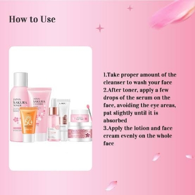 Picture of LAIKOU Japan Sakura Toner/ Sunscreen SPF50 / Cleanser/Serum/Eye Cream/ Essence Cream /Lip Mask Combo set -7 pcs