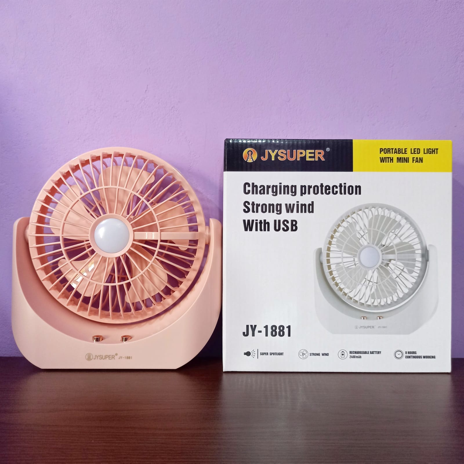 Picture of JYSUPER JY-1881 Rechargeable Strong Wind Up-Down Movable Portable 8'' Desk Fan With LED Lamp
