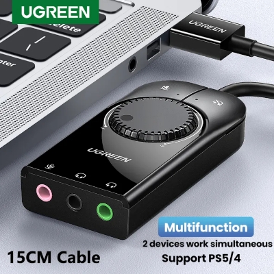 Picture of UGREEN USB External Stereo Sound Adapter Splitter Converter with Volume Control for Windows,Mac, Linux,compatible for PS4, Lap_top, Headset,Plug & Play, No Drivers Needed