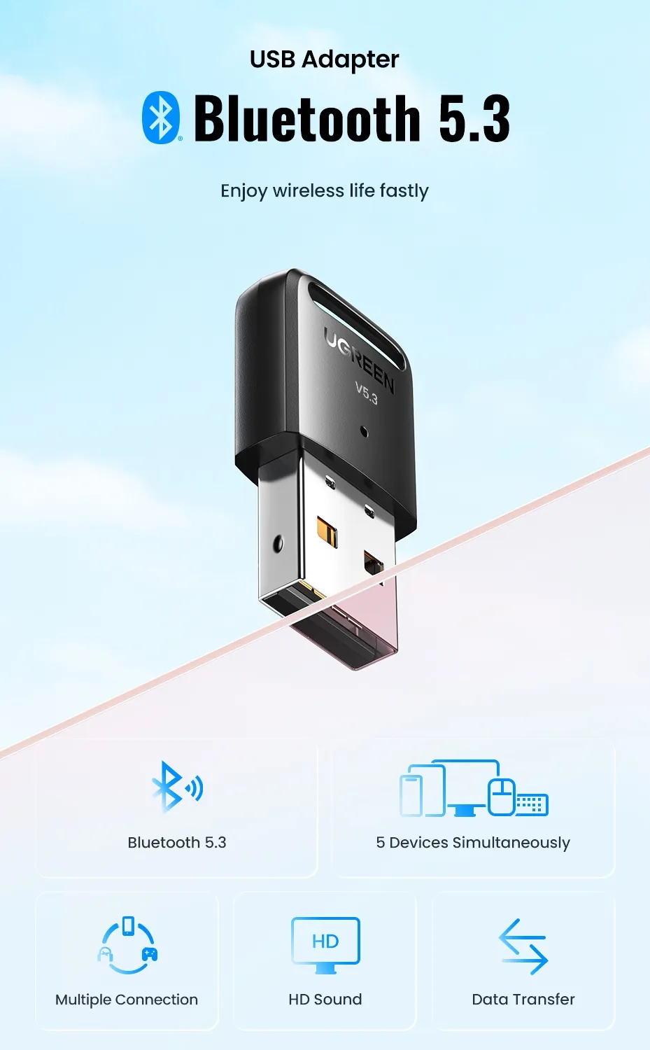 Picture of UGREEN USB Bluetooth Adapter, 5.3 Bluetooth Adapter for PC, Plug & Play for Windows 11/10/8.1, Bluetooth Receiver & Transmitter for Keyboard/Mouse/Headphone/Speakers/Printer