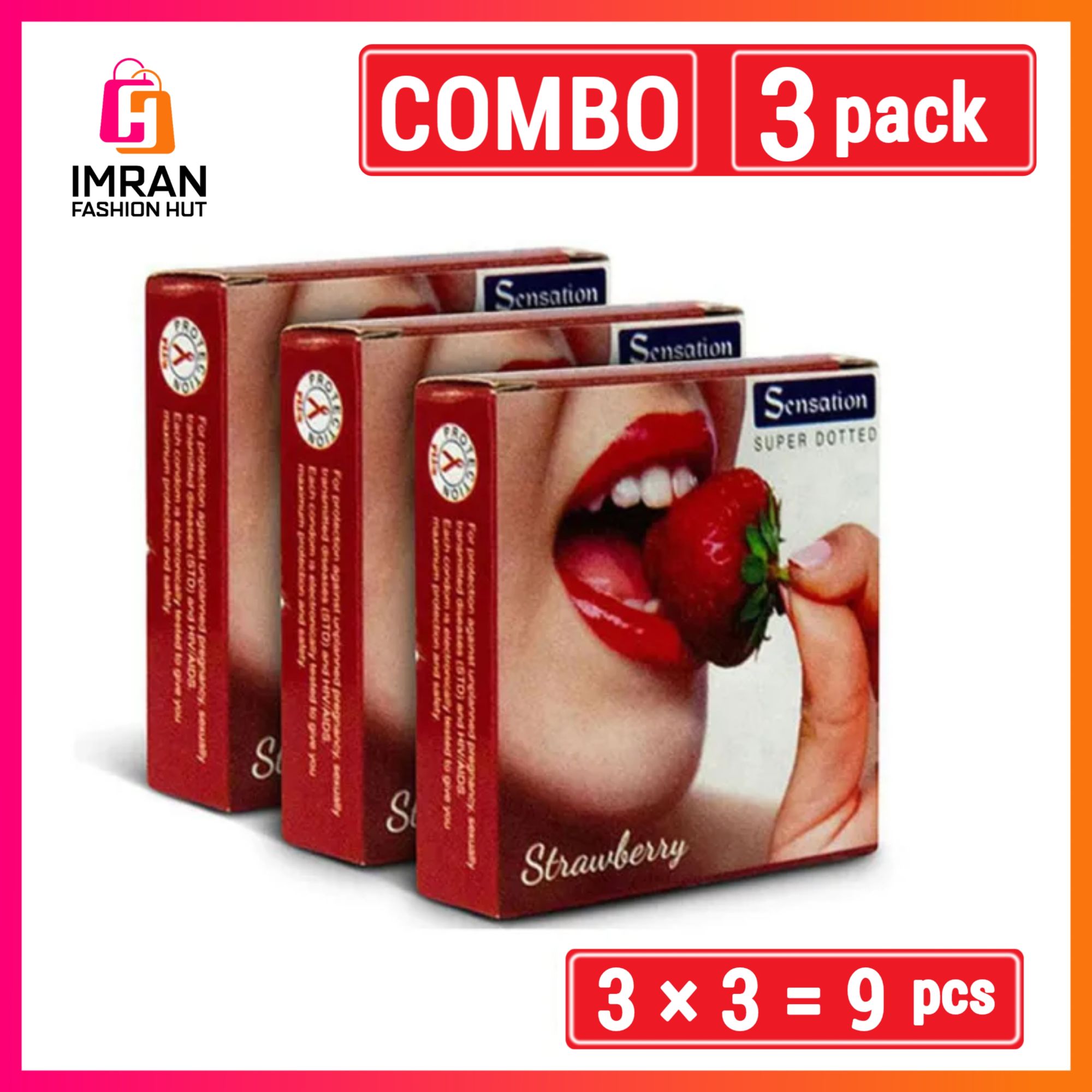 Picture of Sensation Super Dotted Condom for Men Strawberry Flavor | 3 Pack Comobo | 3x3= 9pcs Condom