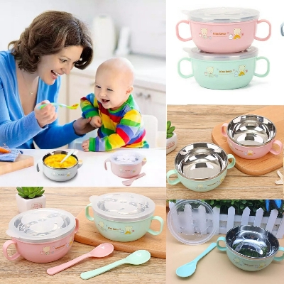Picture of Baby Stainless Steel Feeding Bowl And Spoon Set With Lids and Handle