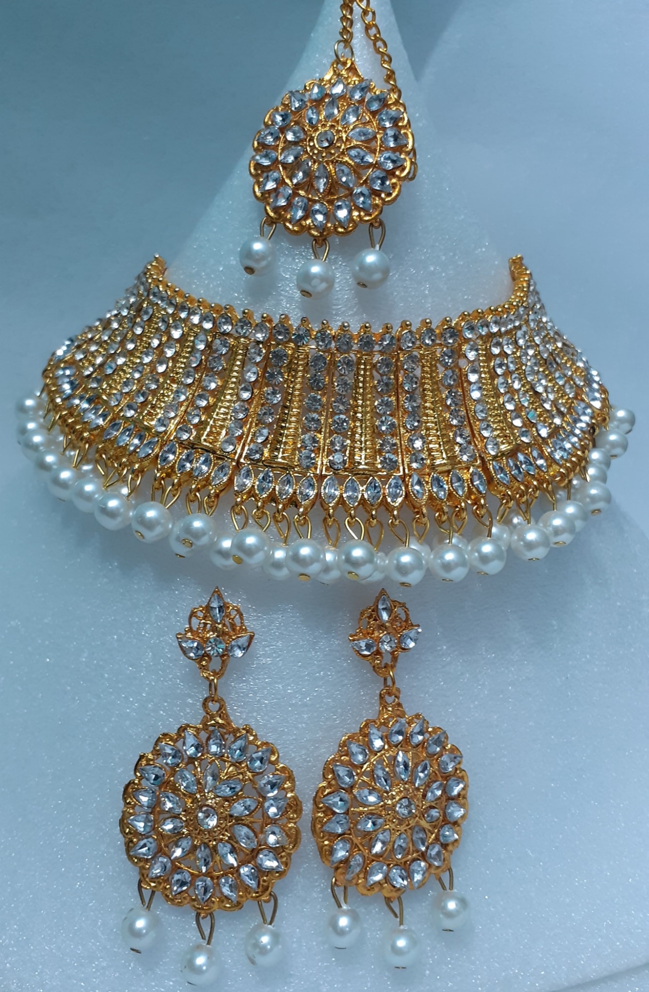 Picture of Bridal Traditional Wedding Ornament / Exclusive Fashion Party Choker Necklace Earrings & Tikli Jewellery Set For Women