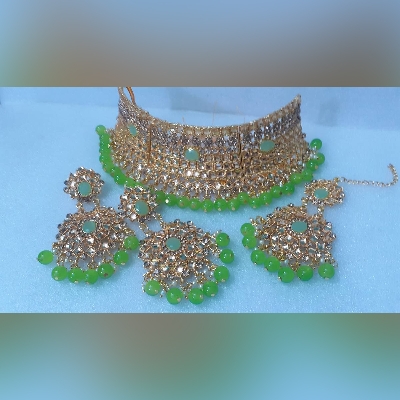 Picture of Bridal Traditional Wedding Ornament / Exclusive Fashion Party Choker Necklace Earrings & Tikli Jewellery Set For Women