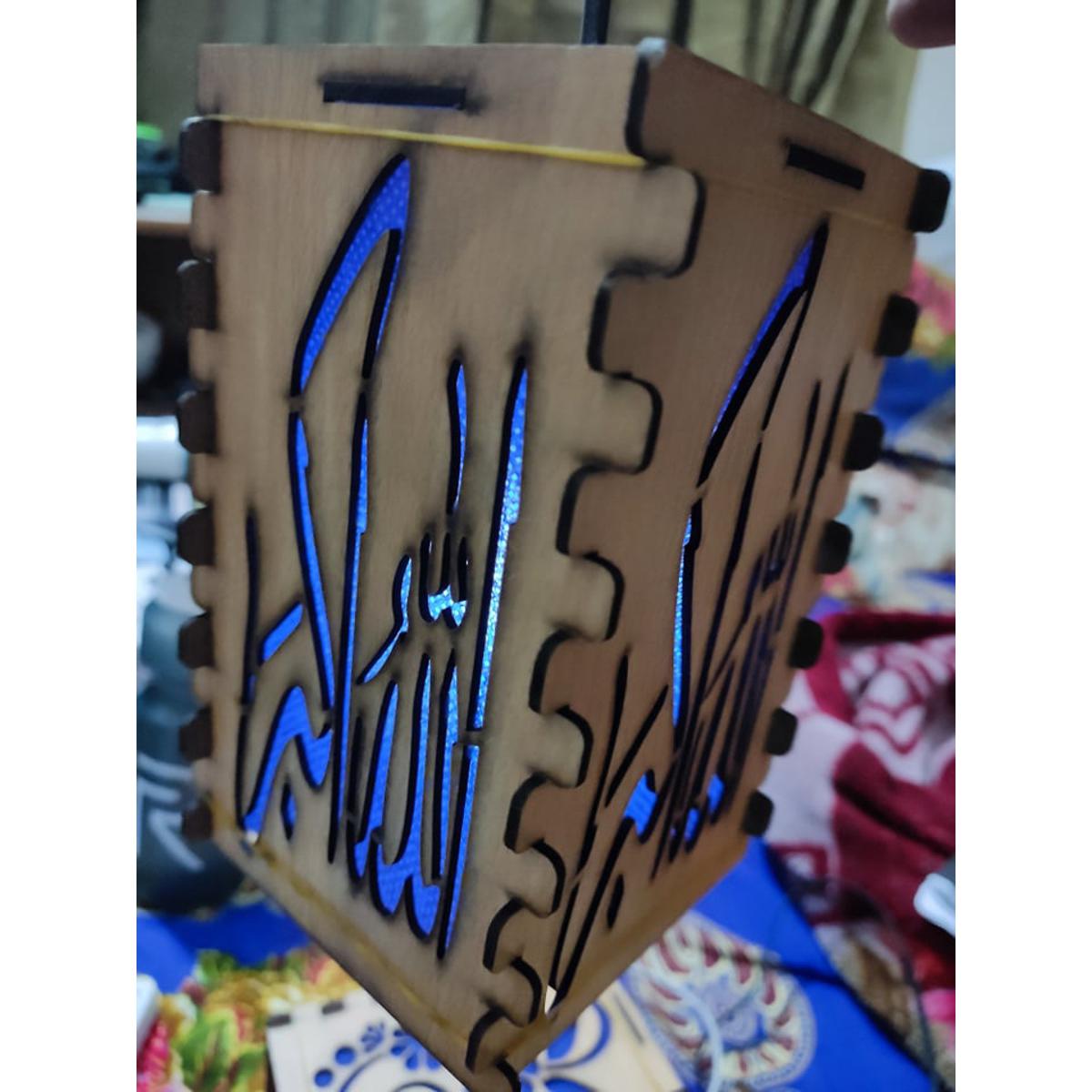 Picture of wooden hanging lamp with lighting for decorative look