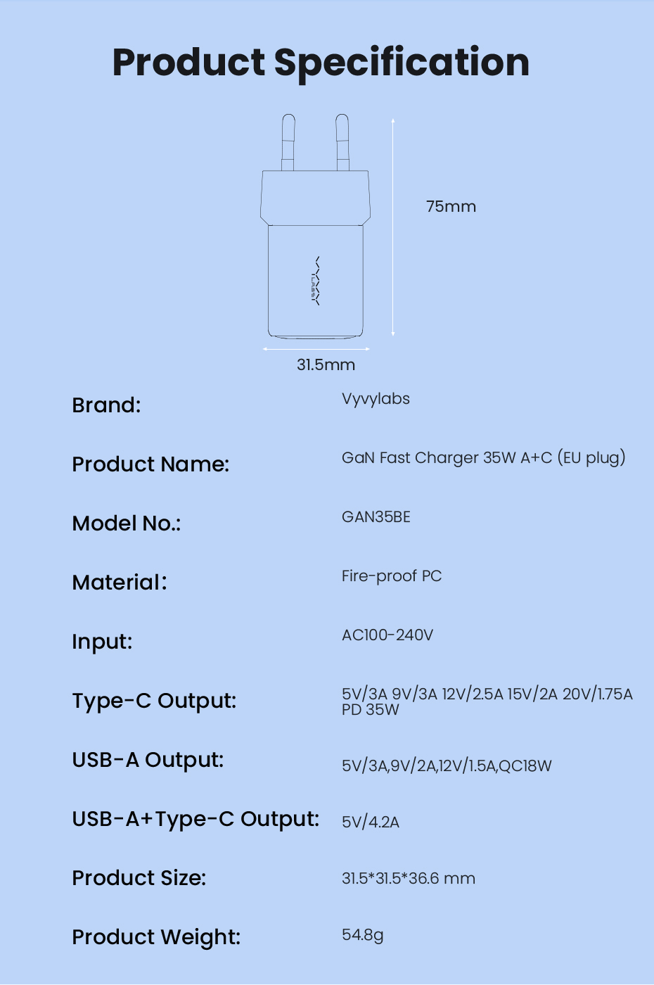  Vyvylabs GaN Fast Charger 35W A+C (EU plug) Black