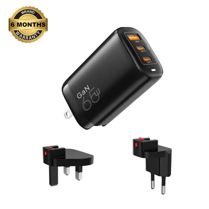 Vyvylabs GaN Fast Charger Travelling Set 65W A+2C (US+EU+UK plug) Black AR Trading Official Storeonline shop bangladeshothoba.com