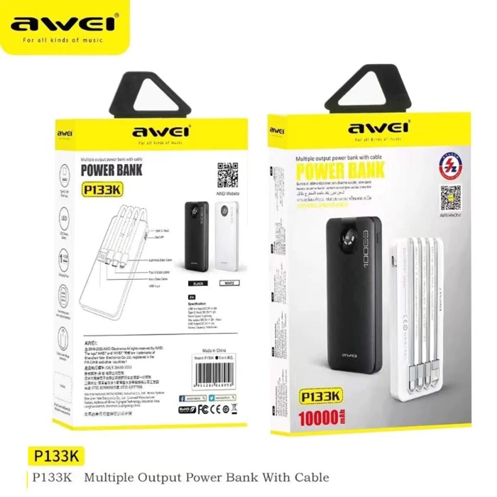 Picture of Awei P133K 10000mAh Fast-Fill Power Bank with 4 Self-Contained Cables