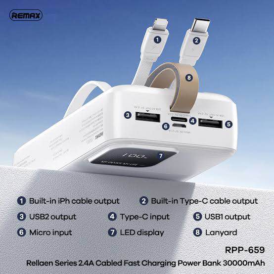 Picture of Remax RPP-659 Rellaen Series 30000mAh Powerbank WithBuilt-In Cable & Digital Display 2.4A