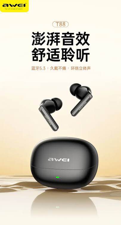 Picture of Awei T88 True Wireless Bluetooth Earphone 10mm Moving Coil Super Bass Spatial Sound Effects Earbuds 30 Hours Of Playback Time Ergonomic Design Gaming Headset