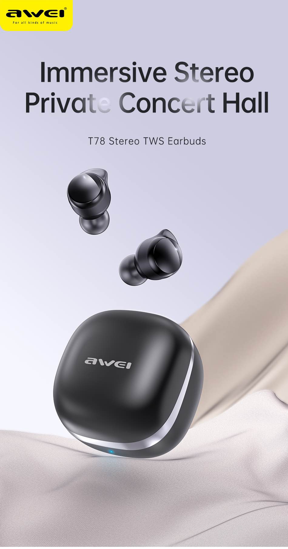 Picture of Awei T78 Bluetooth 5.3 Earphones Wireless 3D Stereo TWS Headphones with Microphones Game In-ear Headset Hifi HD Call Earbuds