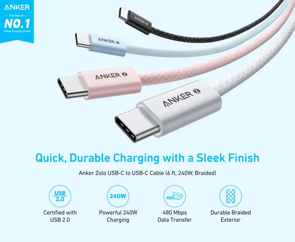 Picture of Anker Zolo 240W USB C to USB C Cable for iPhone 16 Series,MacBook
